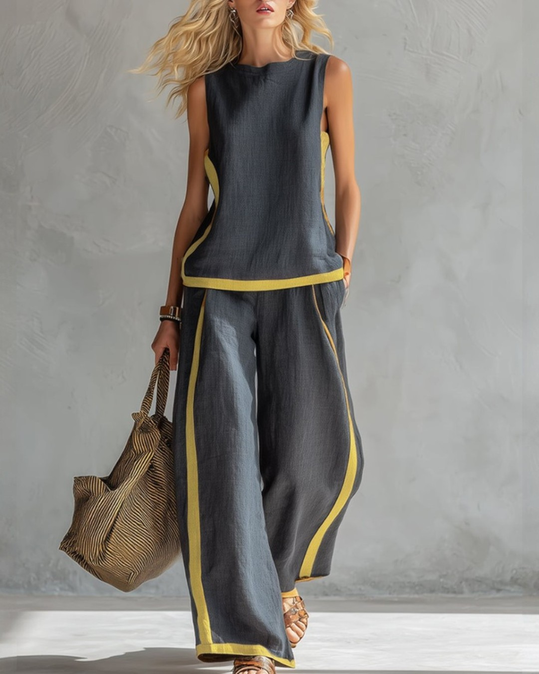 Conjunto sem mangas com acabamentos contrastantes e calça ampla — Bene Donna — imagem 01