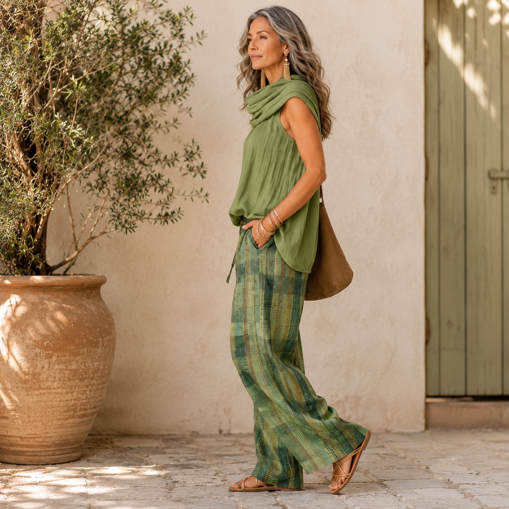 Conjunto xadrez de blusa com gola drapeada e pantalona — Bene Donna — imagem 06
