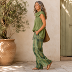 Conjunto xadrez de blusa com gola drapeada e pantalona — Bene Donna — imagem 06