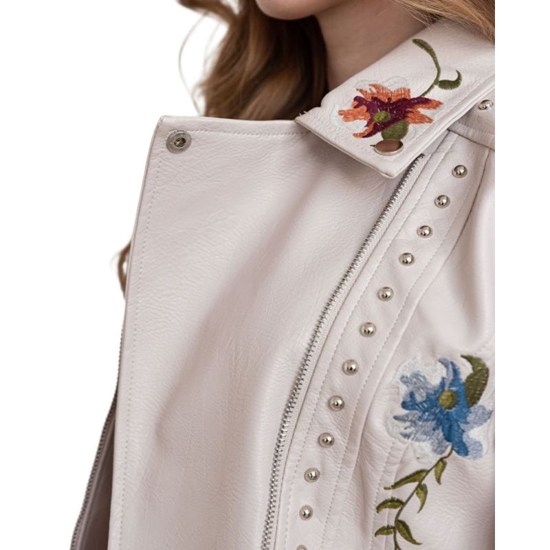 Jaqueta Retrô Couro Sintético Bordada Floral — BeneDonna