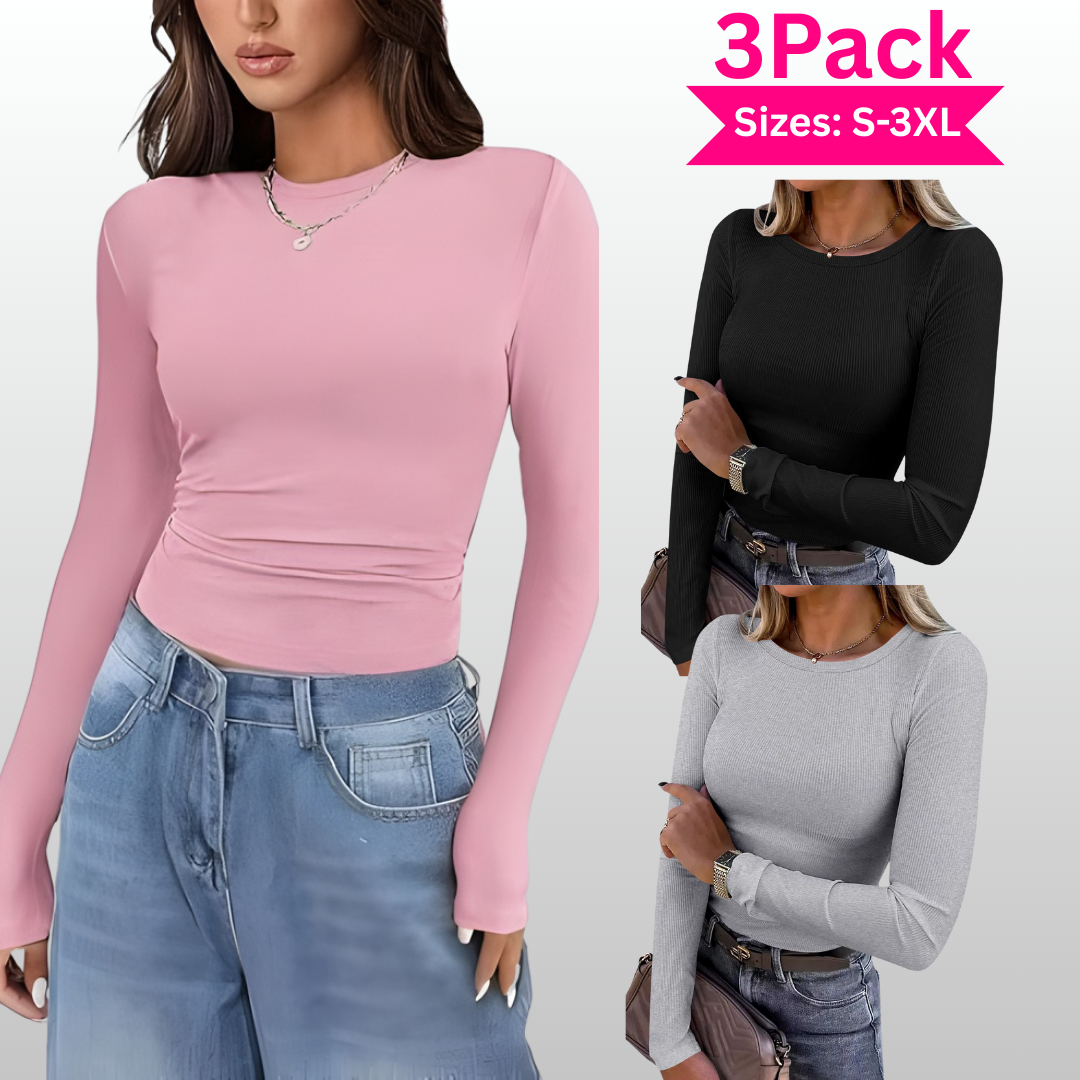 Kit de três blusas caneladas de mangas longas e gola redonda — Bene Donna — imagem 01