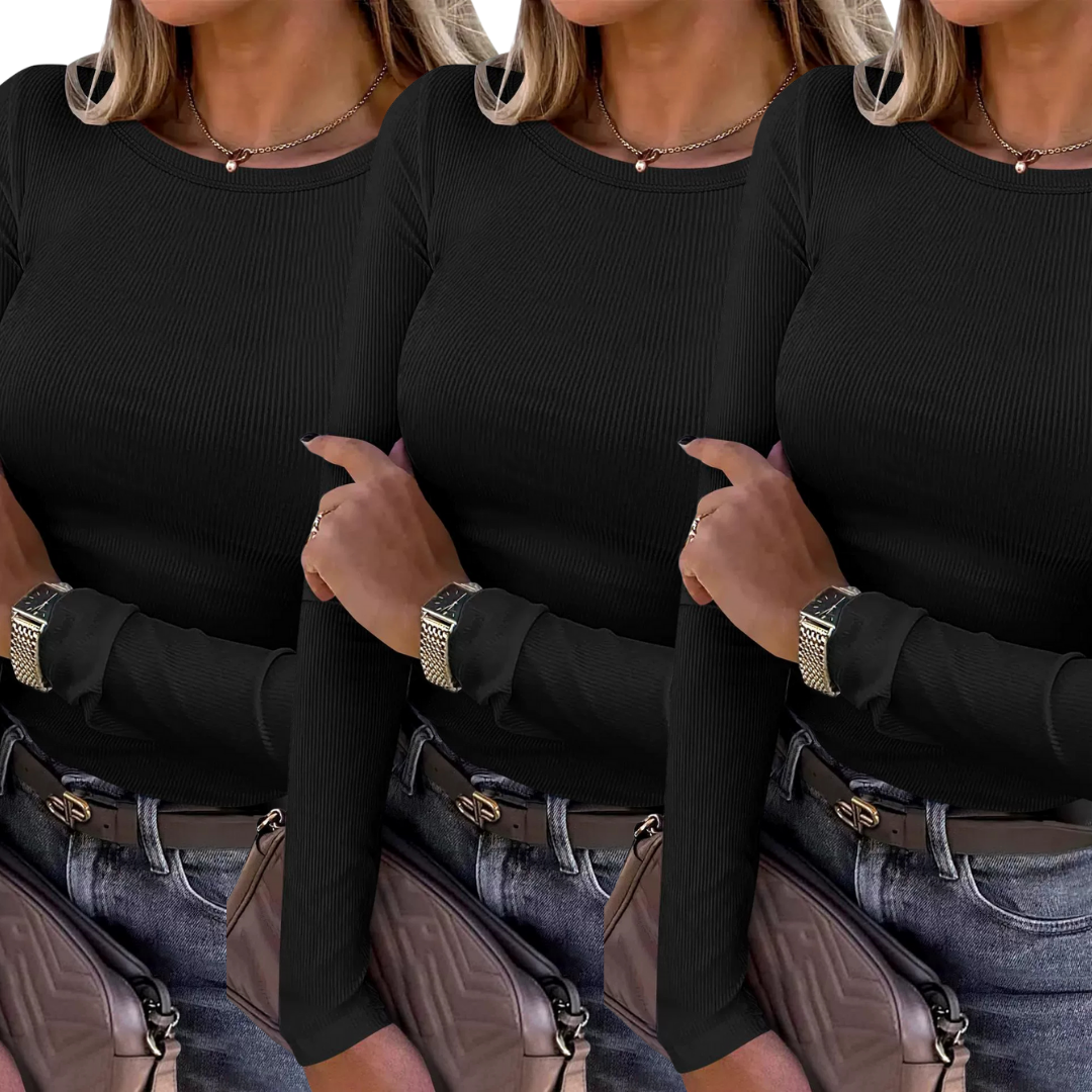 Kit de três blusas caneladas de mangas longas e gola redonda — Bene Donna — imagem 04