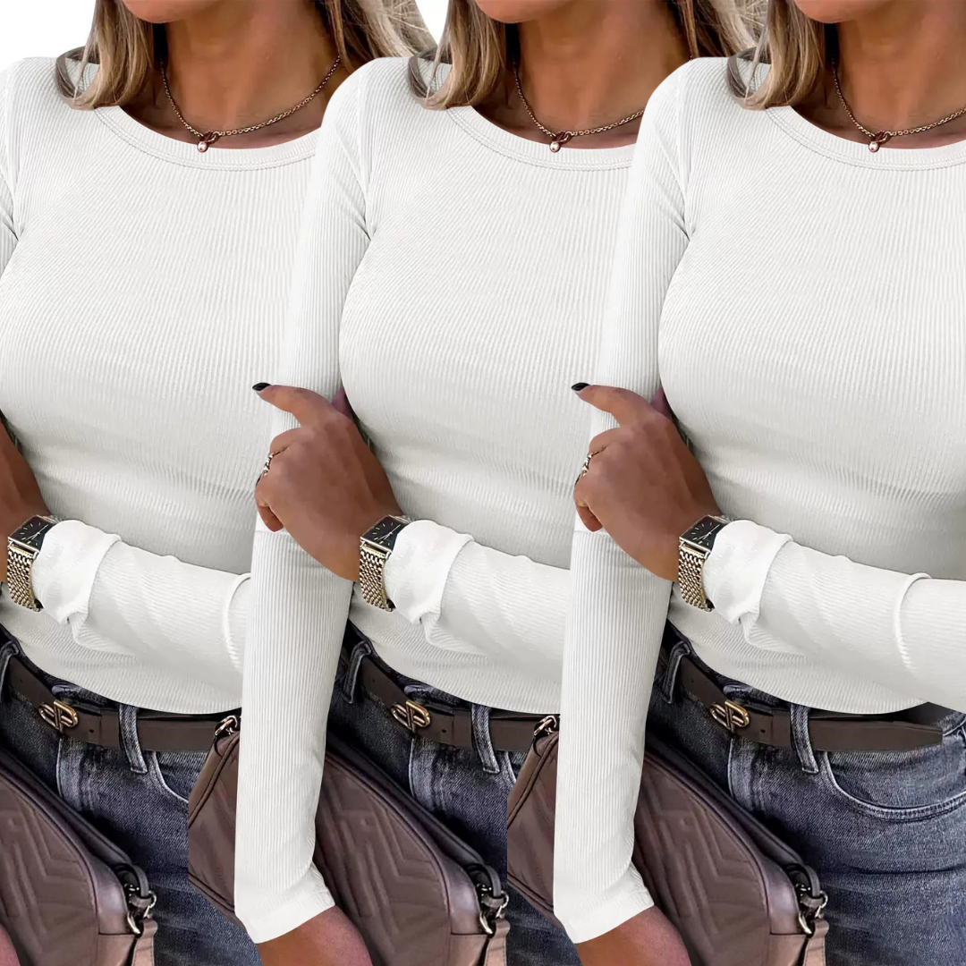 Kit de três blusas caneladas de mangas longas e gola redonda — Bene Donna — imagem 06