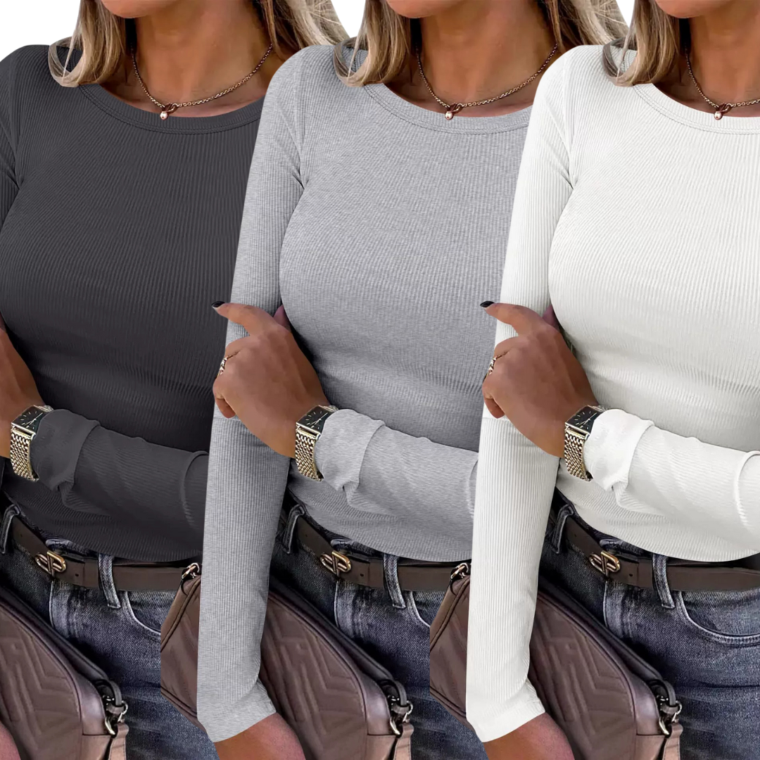 Kit de três blusas caneladas de mangas longas e gola redonda — Bene Donna — imagem 07