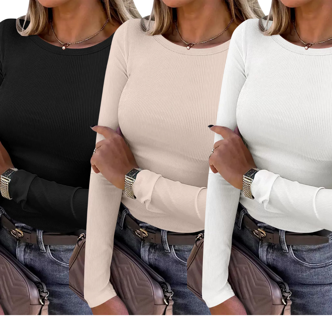 Kit de três blusas caneladas de mangas longas e gola redonda — Bene Donna — imagem 09