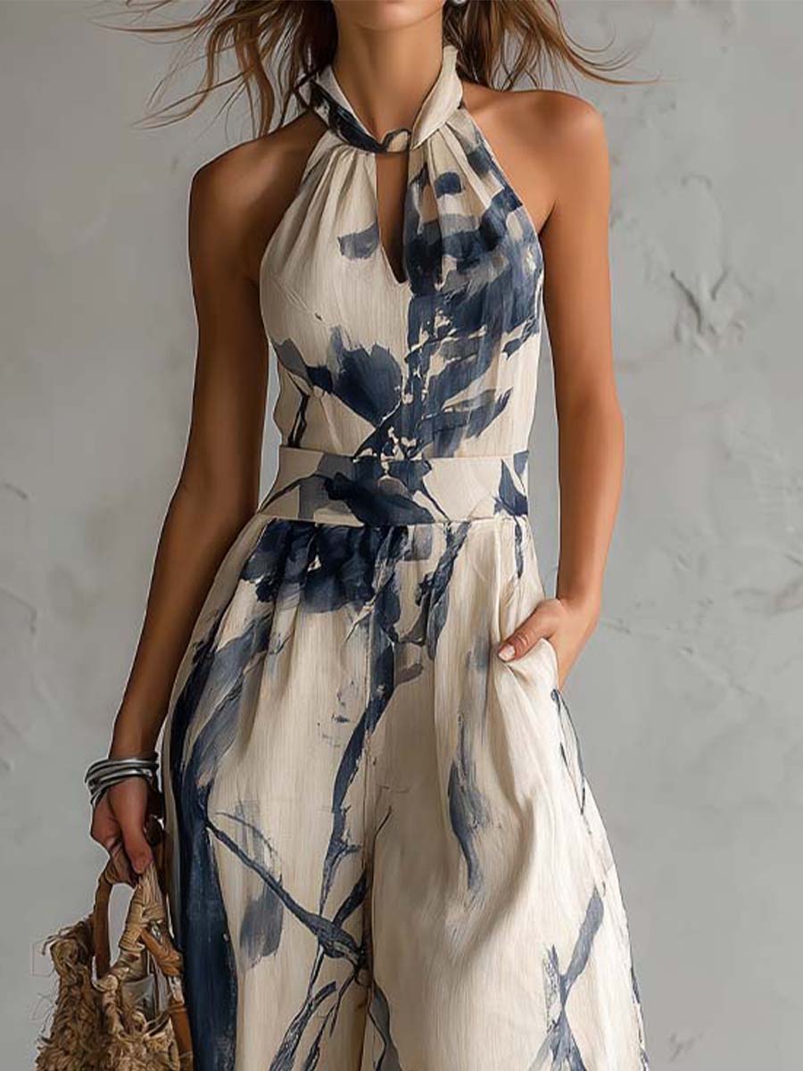 Macacão de estampa abstrata com cintura alta e pernas amplas — Bene Donna — imagem 04