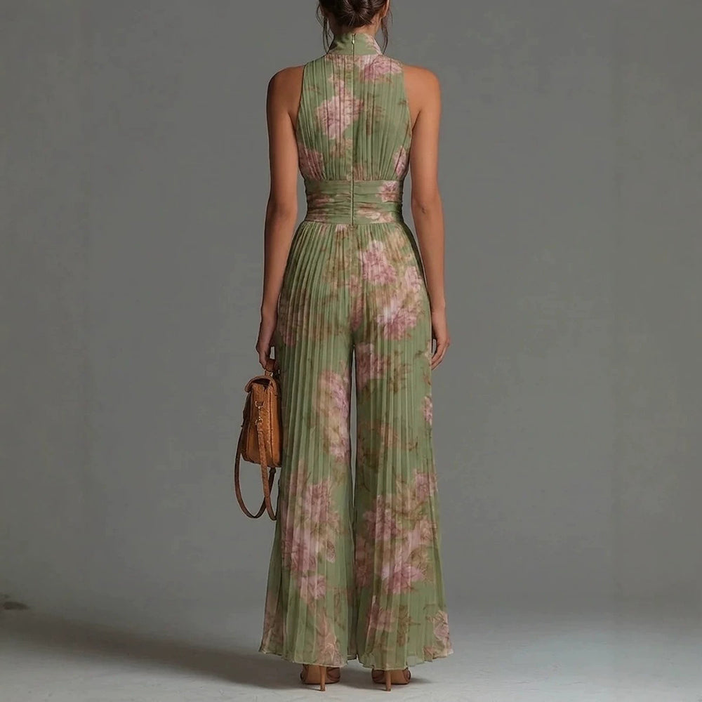 Macacão floral plissado com decote profundo e cintura marcada — Bene Donna — imagem 02