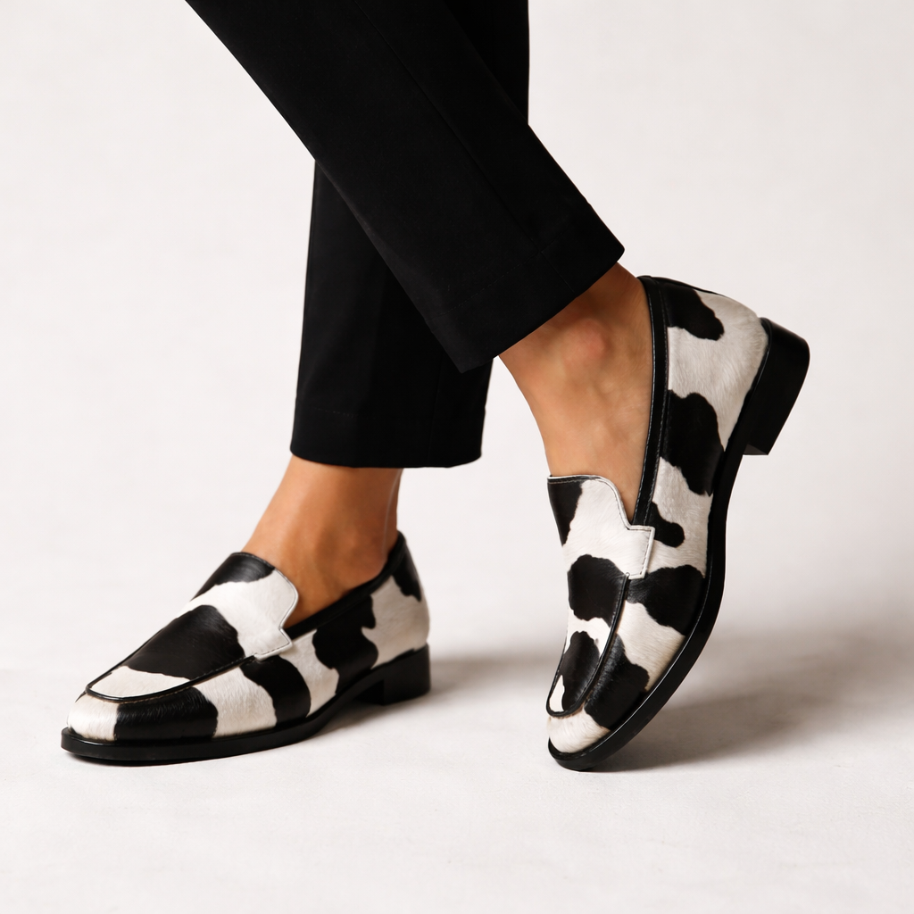 Mocassim de estampa de vaca em preto e branco — Bene Donna — imagem 03