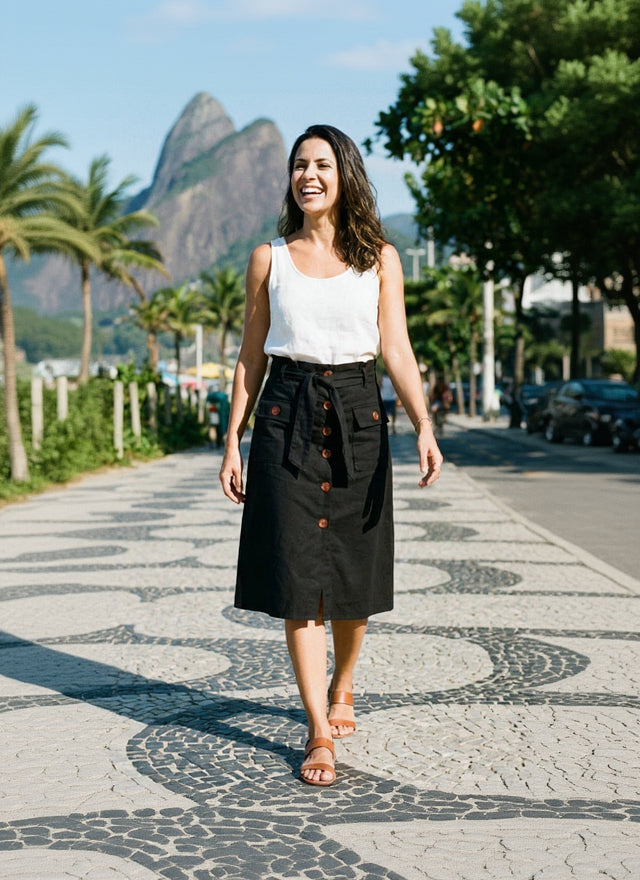 Saia Casual Cintura Alta Botões e Bolsos — BeneDonna