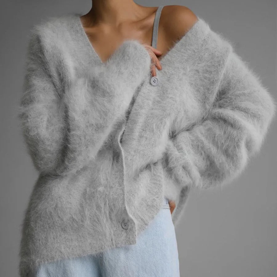 Cardigan Feminino Angora Decote V Oversized