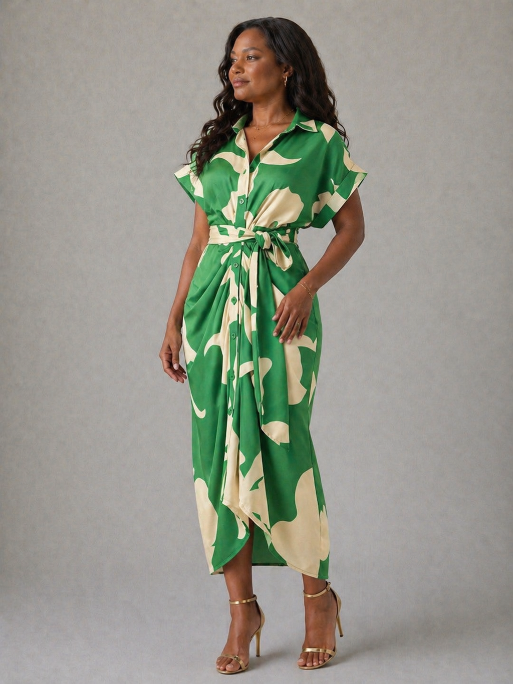 Vestido chemise estampado com faixa na cintura — Bene Donna — imagem 01