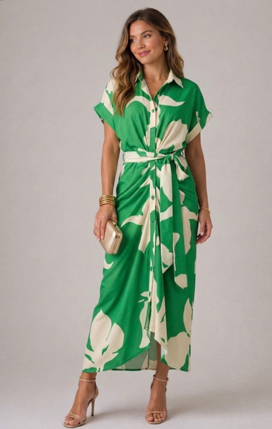 Vestido chemise estampado com faixa na cintura — Bene Donna — imagem 02