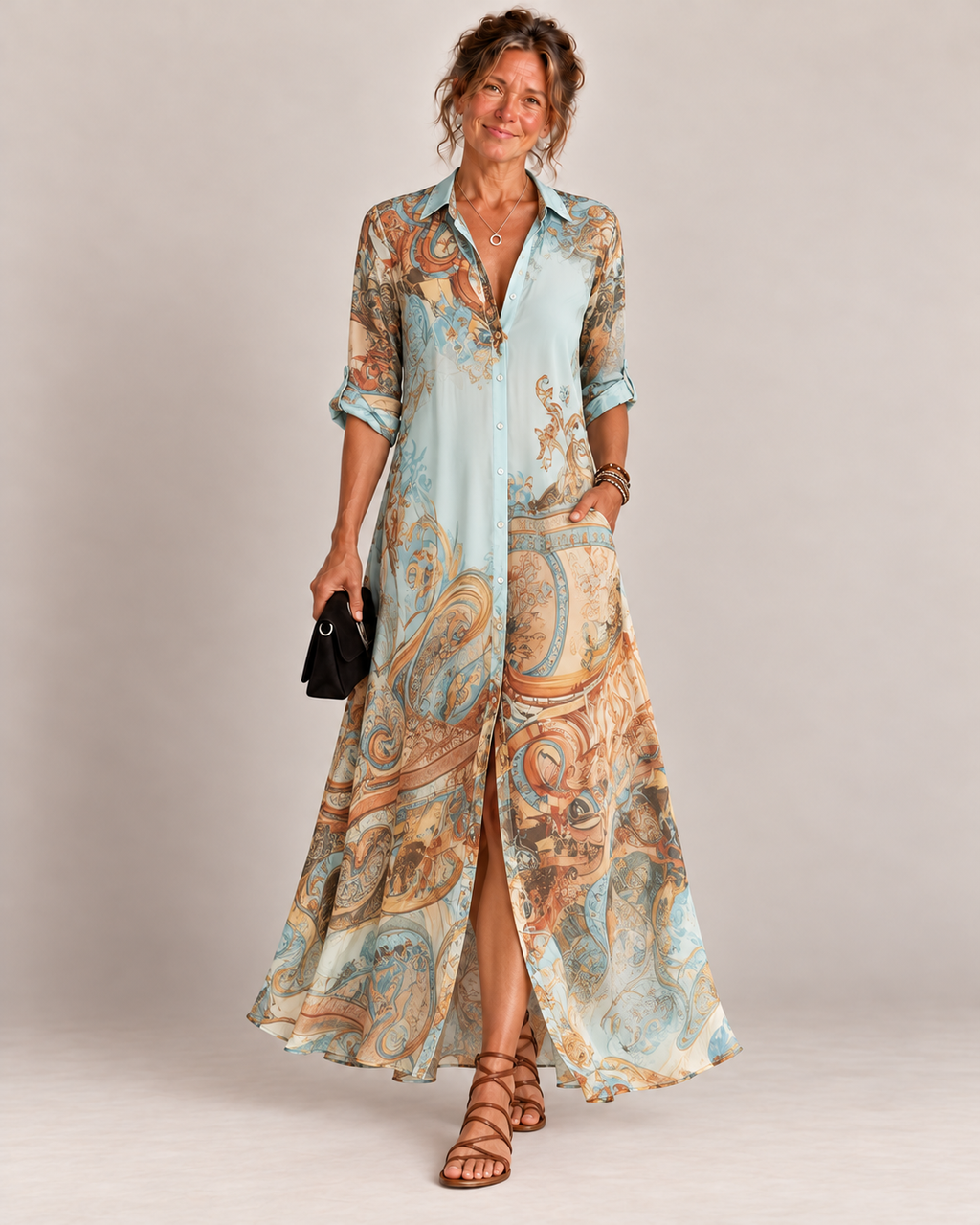Vestido chemise longo com estampa barroca — Bene Donna — imagem 01