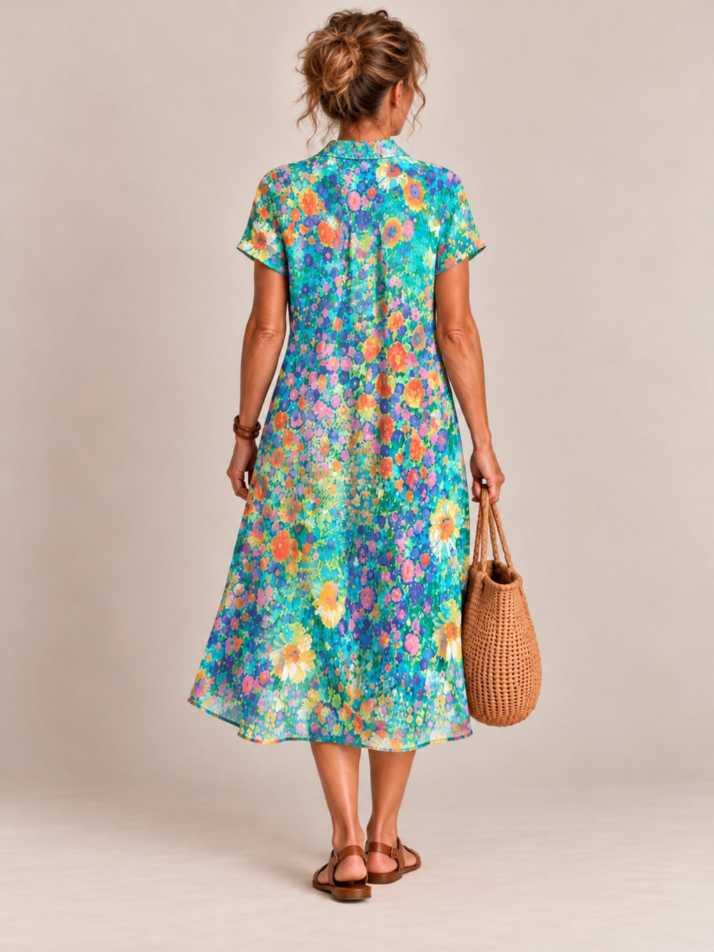 Vestido chemise midi estampado com barra assimétrica — Bene Donna — imagem 02