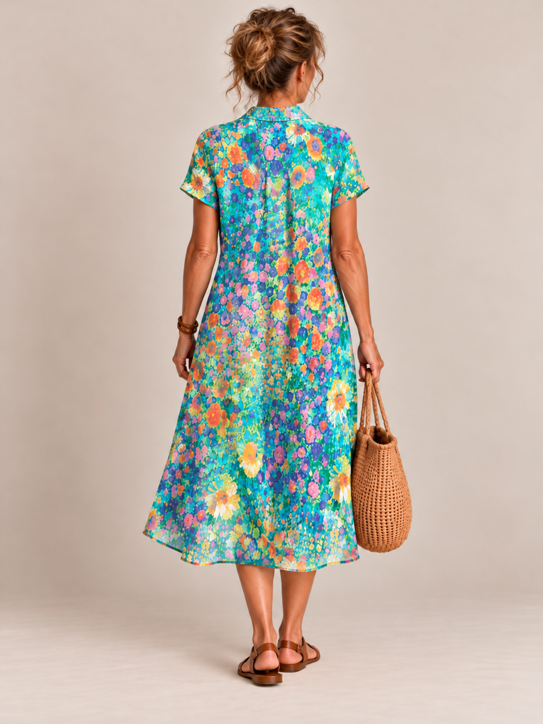 Vestido chemise midi estampado com barra assimétrica — Bene Donna — imagem 02