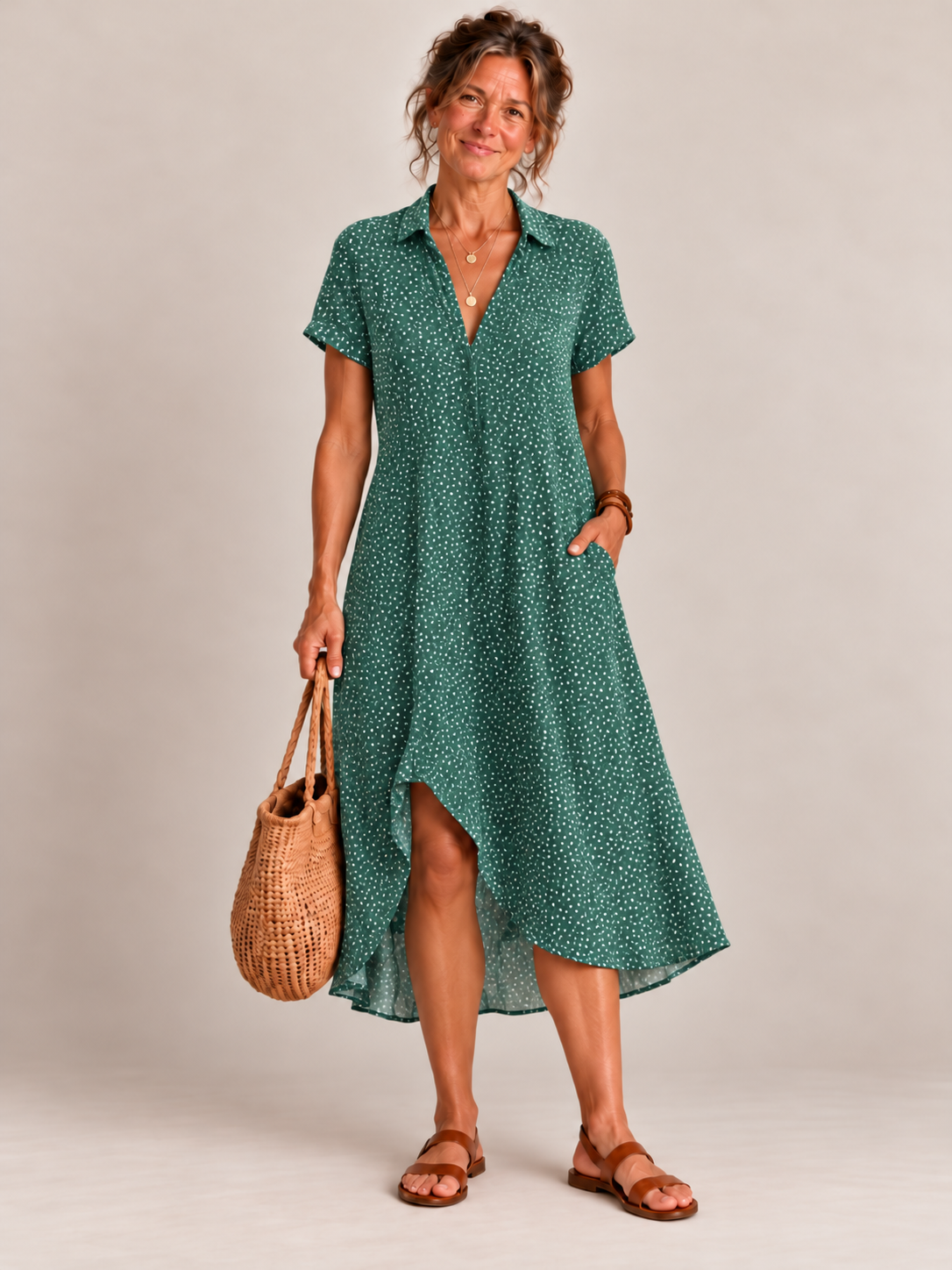 Vestido chemise midi estampado com barra assimétrica — Bene Donna — imagem 04