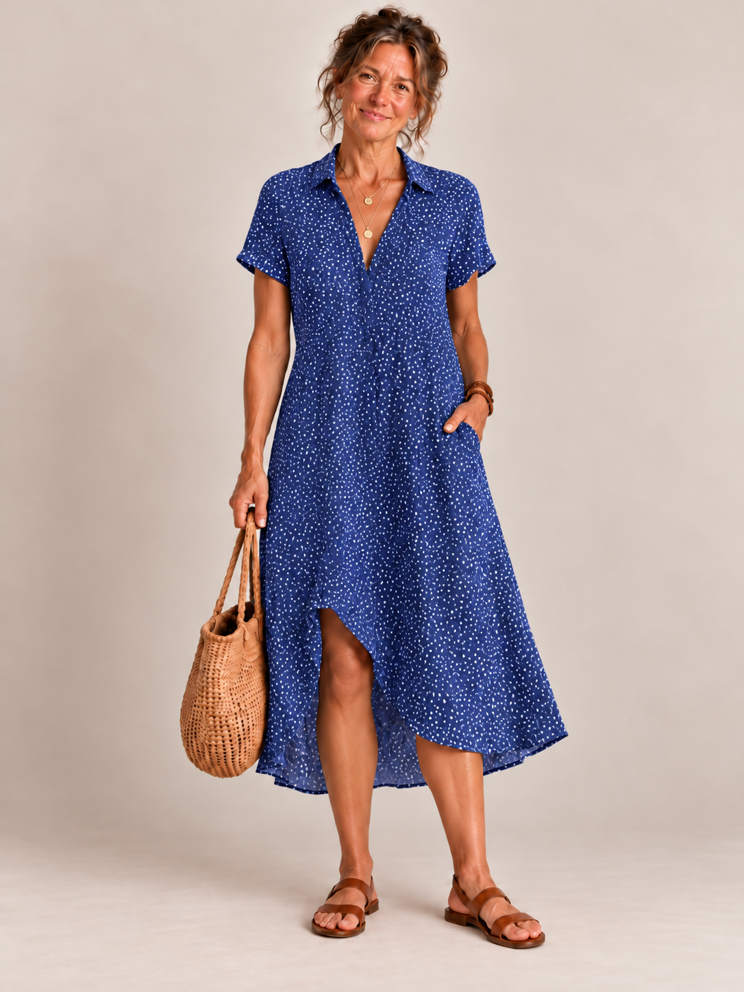Vestido chemise midi estampado com barra assimétrica — Bene Donna — imagem 06