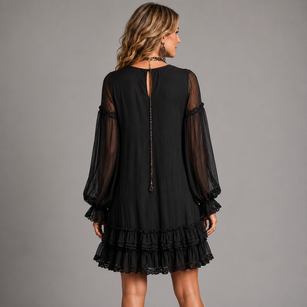 Vestido curto com mangas bufantes transparentes e babados — Bene Donna — imagem 04