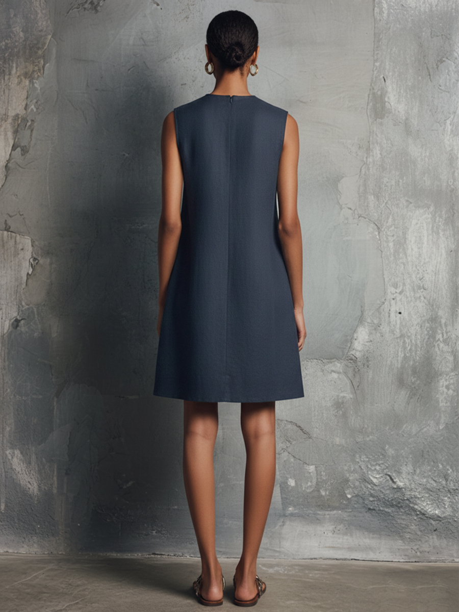 Vestido curto de linho com botões dourados assimétricos — Bene Donna — imagem 02