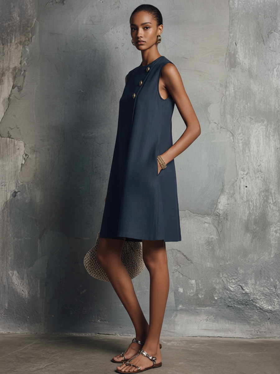Vestido curto de linho com botões dourados assimétricos — Bene Donna — imagem 08