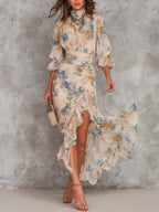 Vestido floral com busto franzido e saia de babados — Bene Donna — imagem 01