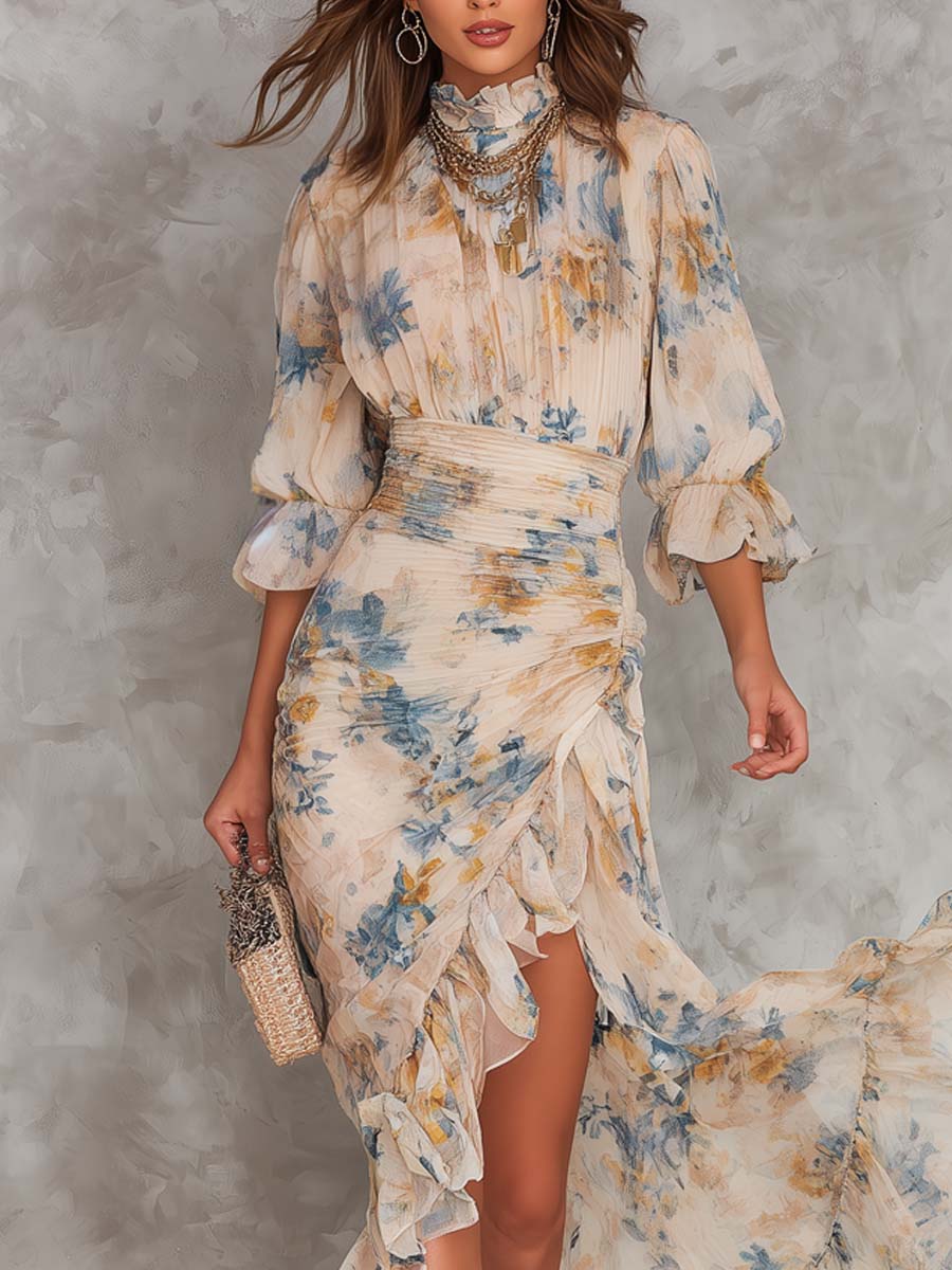 Vestido floral com busto franzido e saia de babados — Bene Donna — imagem 03