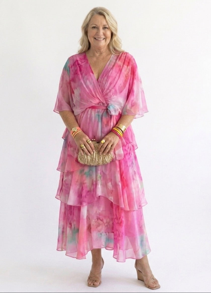 Vestido floral com mangas leves e babados em camadas — Bene Donna — imagem 02