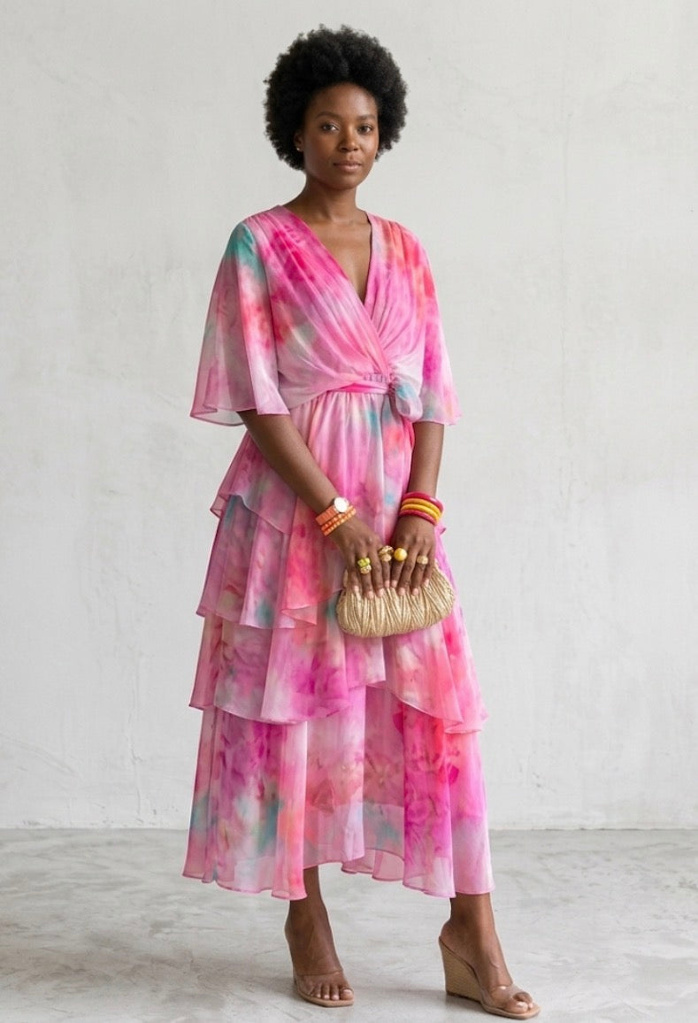 Vestido floral com mangas leves e babados em camadas — Bene Donna — imagem 03