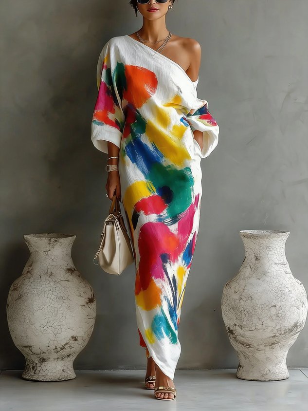 Vestido longo abstrato com decote assimétrico — Bene Donna — imagem 01