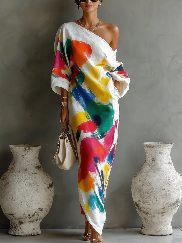 Vestido longo abstrato com decote assimétrico — Bene Donna — imagem 02