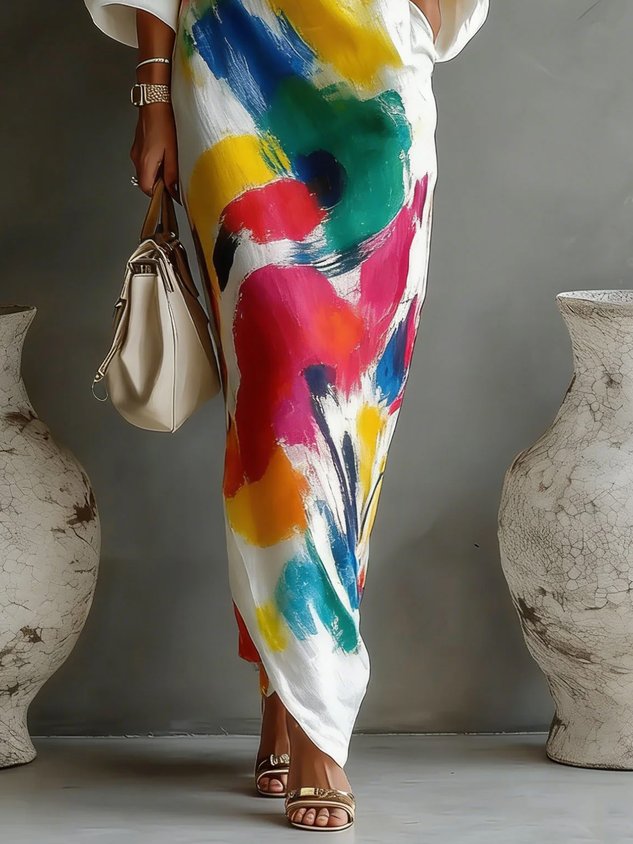 Vestido longo abstrato com decote assimétrico — Bene Donna — imagem 03