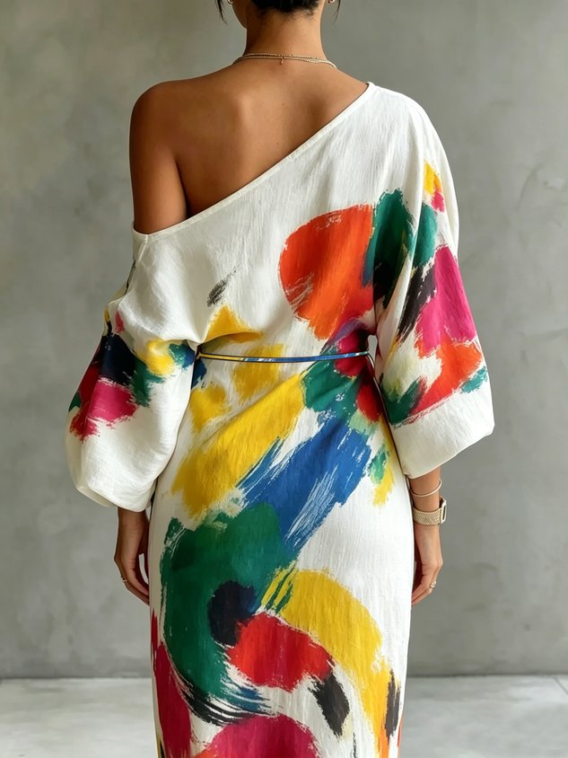 Vestido longo abstrato com decote assimétrico — Bene Donna — imagem 04