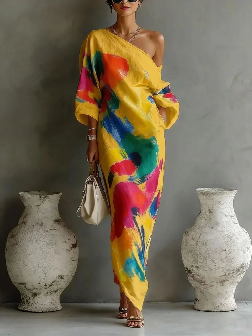 Vestido longo abstrato com decote assimétrico — Bene Donna — imagem 05