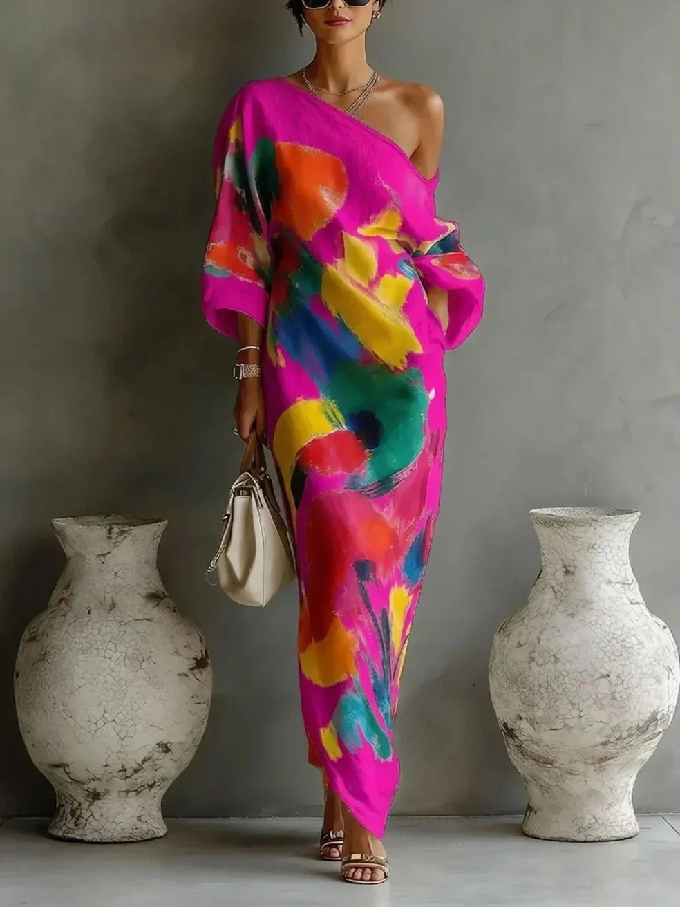 Vestido longo abstrato com decote assimétrico — Bene Donna — imagem 06