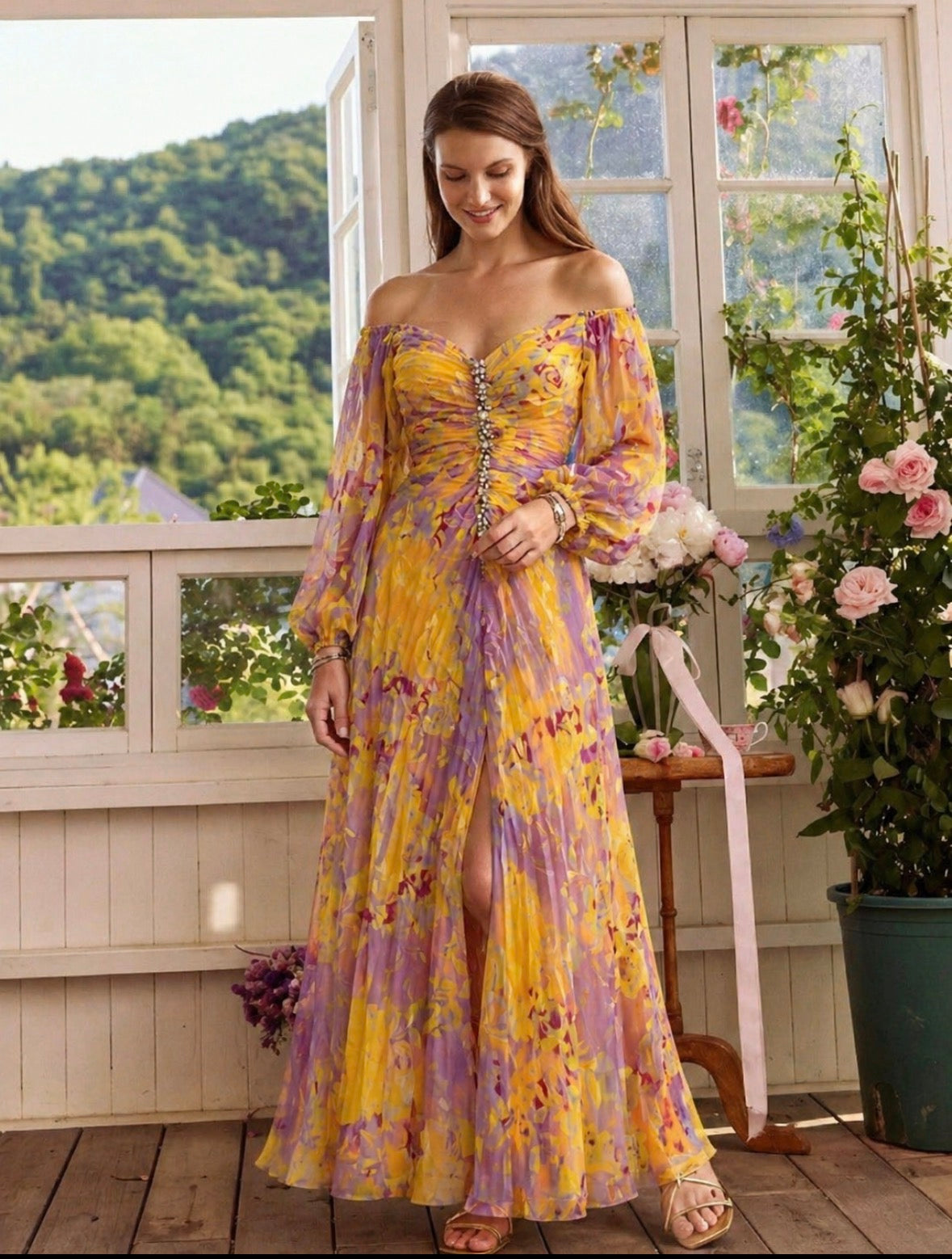 Vestido longo com frente torcida, mangas balonê e fenda — Bene Donna — imagem 03