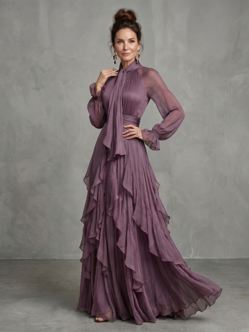 Vestido longo com laço no decote e babados em camadas — Bene Donna — imagem 02