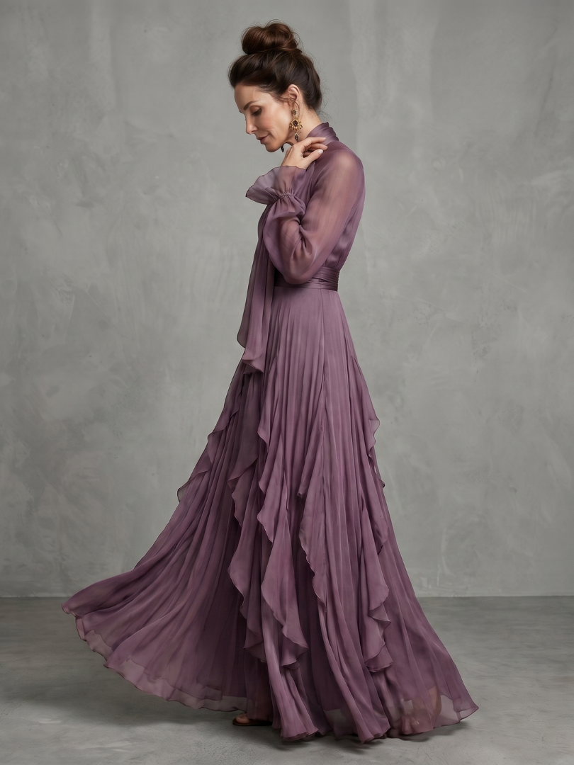 Vestido longo com laço no decote e babados em camadas — Bene Donna — imagem 03