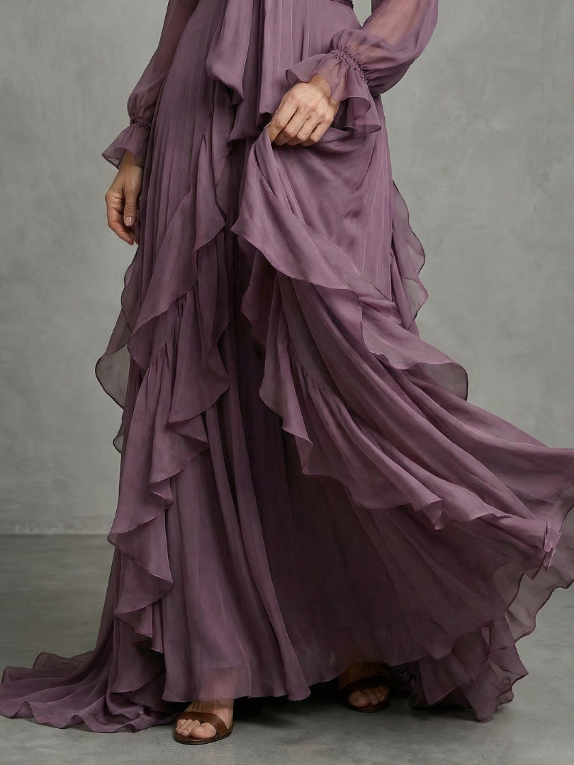 Vestido longo com laço no decote e babados em camadas — Bene Donna — imagem 05