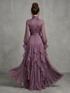 Vestido longo com laço no decote e babados em camadas — Bene Donna — imagem 06
