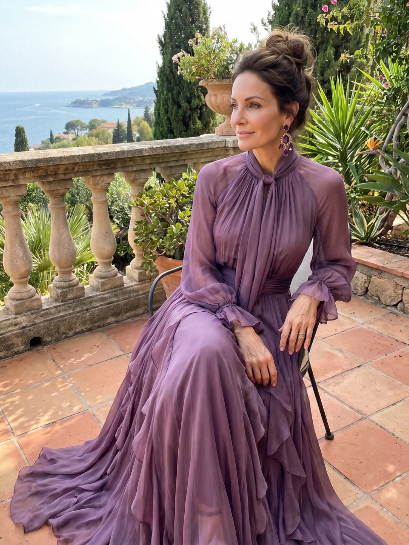 Vestido longo com laço no decote e babados em camadas — Bene Donna — imagem 07