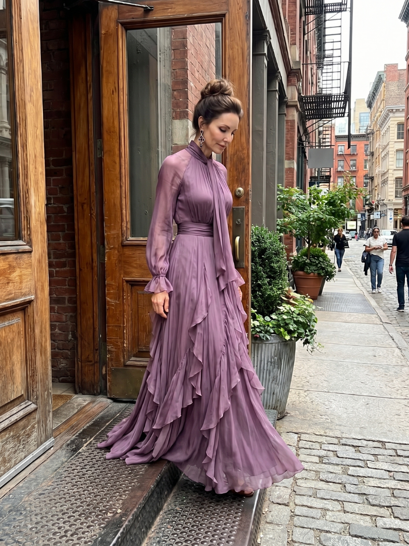 Vestido longo com laço no decote e babados em camadas — Bene Donna — imagem 08