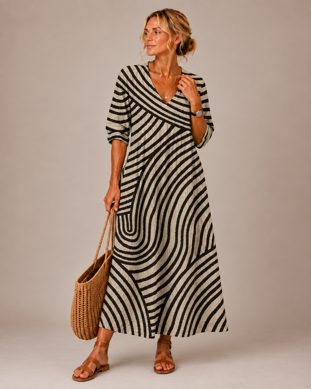 Vestido longo com listras onduladas e mangas três quartos — Bene Donna — imagem 01