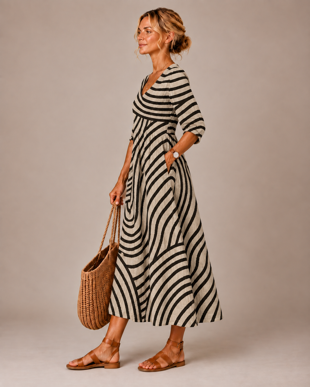 Vestido longo com listras onduladas e mangas três quartos — Bene Donna — imagem 02