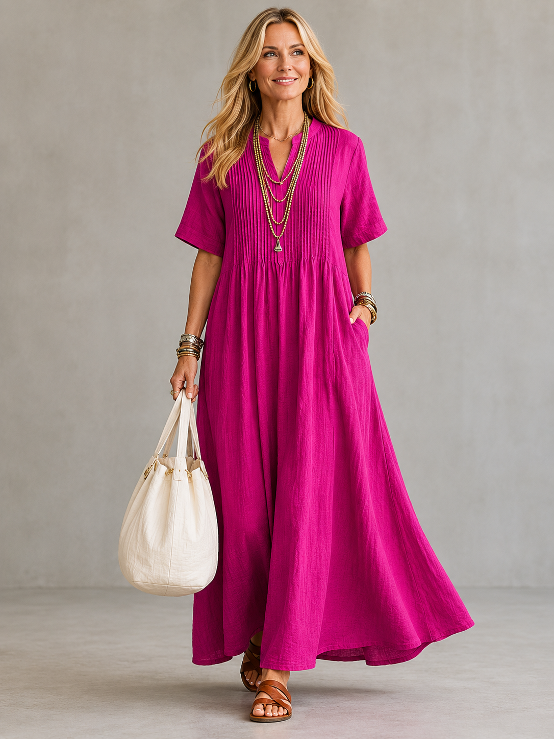 Vestido longo com pregas no busto e bolsos laterais — Bene Donna — imagem 01