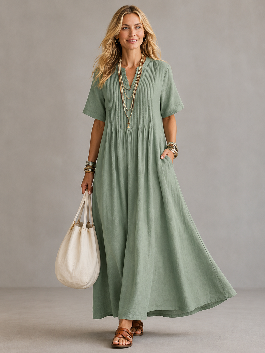 Vestido longo com pregas no busto e bolsos laterais — Bene Donna — imagem 02