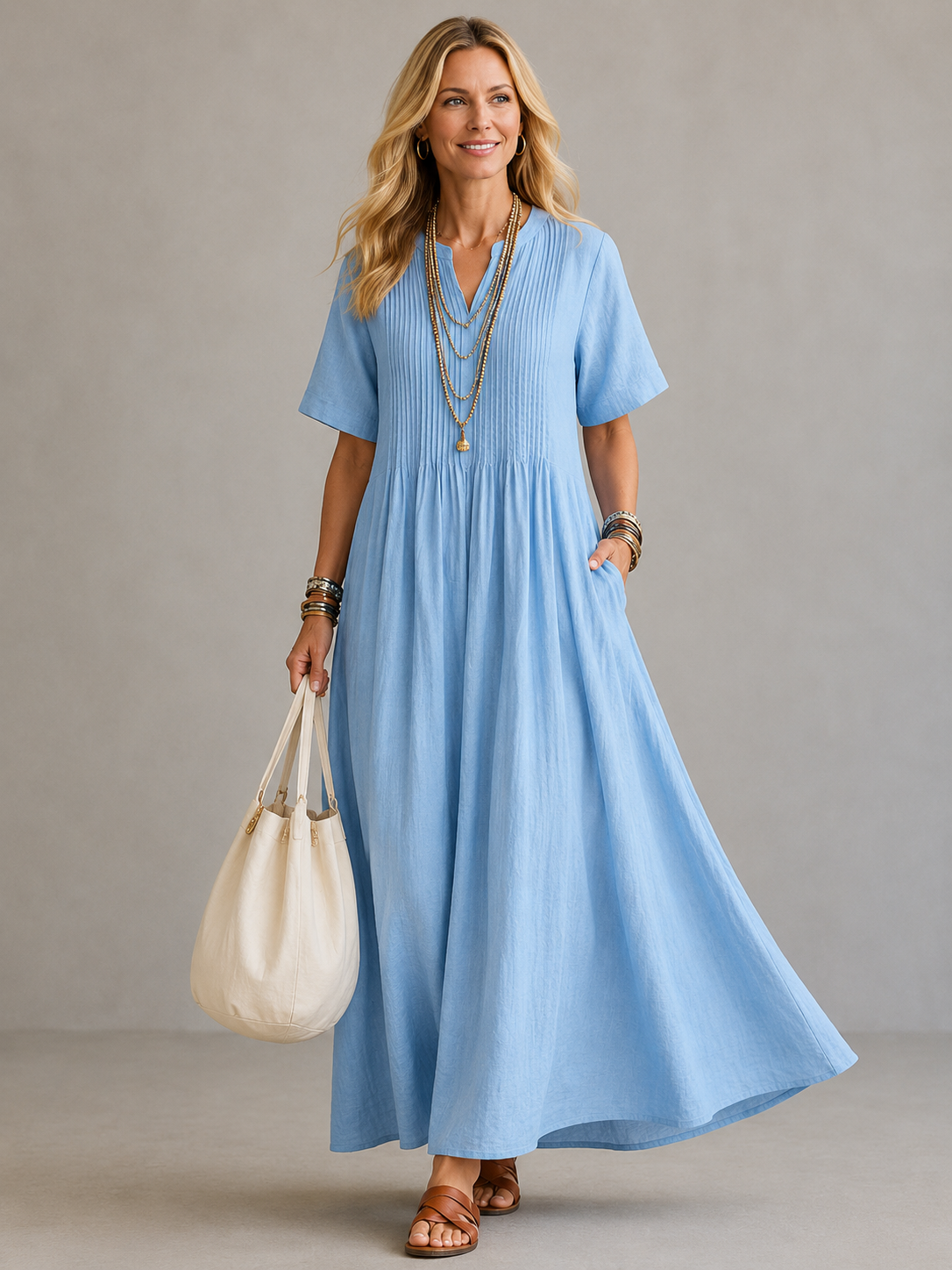 Vestido longo com pregas no busto e bolsos laterais — Bene Donna — imagem 03