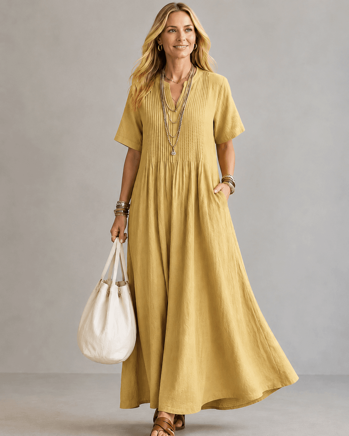 Vestido longo com pregas no busto e bolsos laterais — Bene Donna — imagem 04