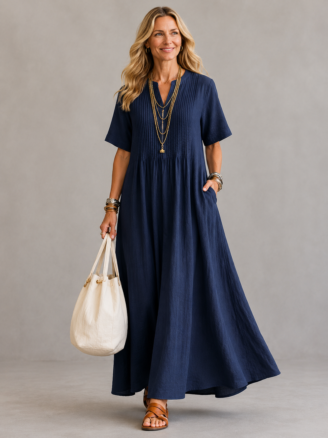 Vestido longo com pregas no busto e bolsos laterais — Bene Donna — imagem 05
