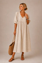 Vestido longo com renda e mangas bufantes — Bene Donna — imagem 01