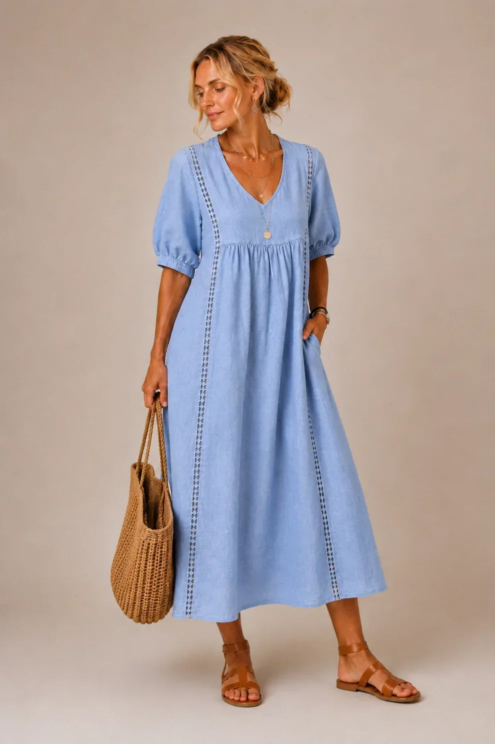 Vestido longo com renda e mangas bufantes — Bene Donna — imagem 04
